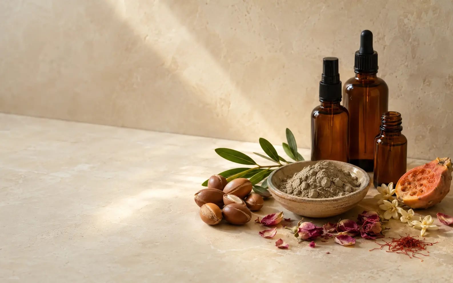 Moroccan botanicals, rhassoul and amber vessels on warm tadelakt